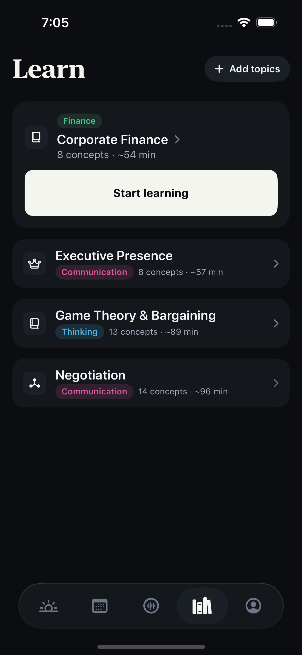 Learn tab — your subject library with mastery rings and category badges